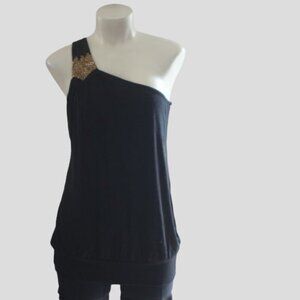 Forever XXI One Shoulder Black Beaded Tank Top